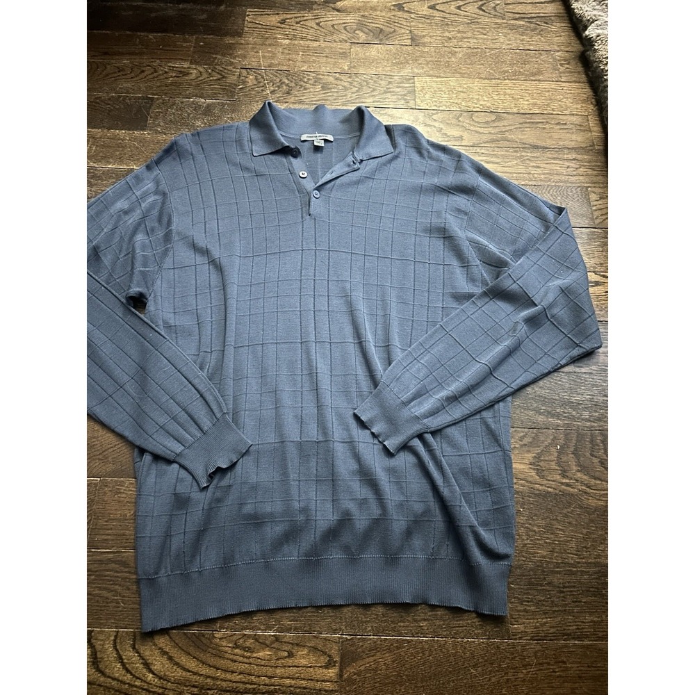 Johnston & Murphy Mens XL Blue 100% Silk Long Sleeve Polo Sweater Pullover